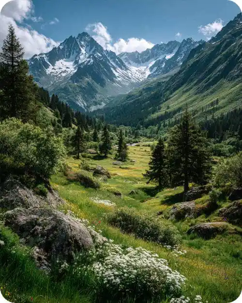A photo of an alpine mountain meadow that represents summer