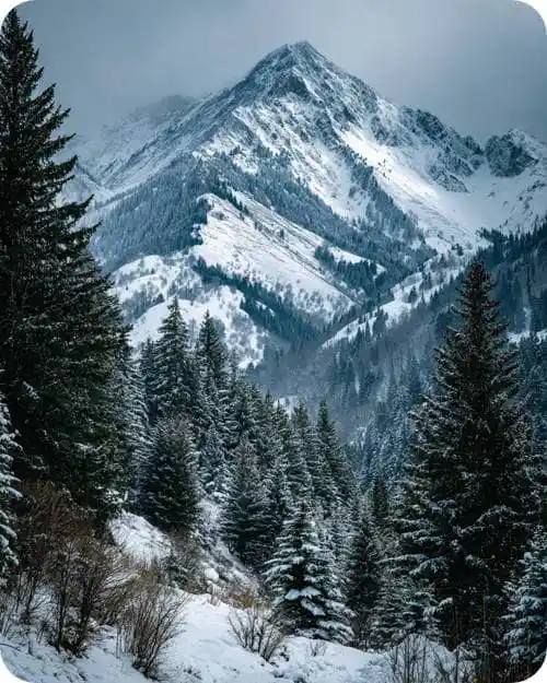 A photo of a snowy mountain landscape to represent winter.